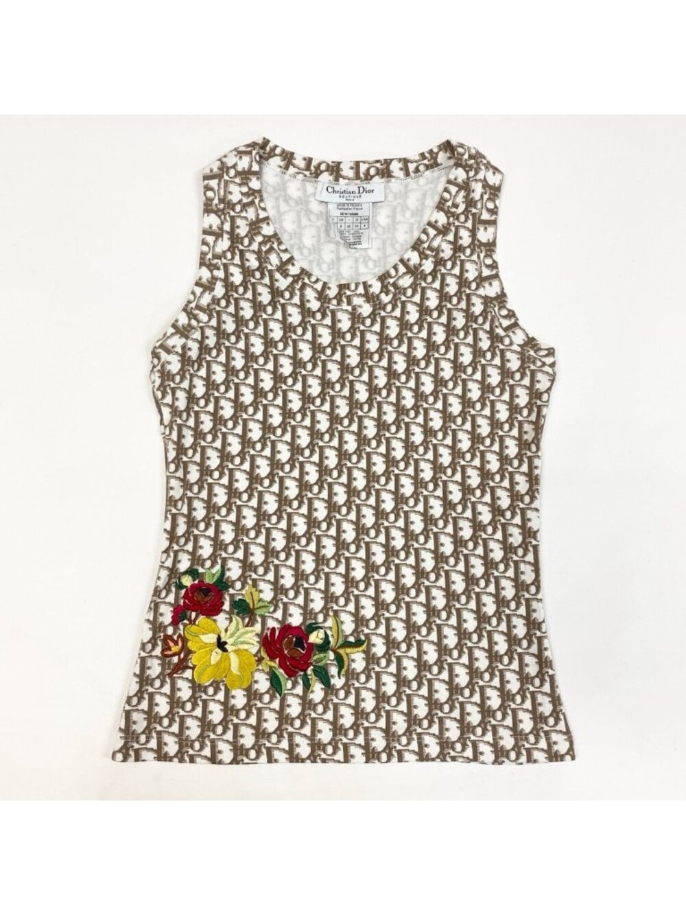 Dior Sleeveless Top Tank Top Trotter Flower Embroidery White Brown Cotton 40